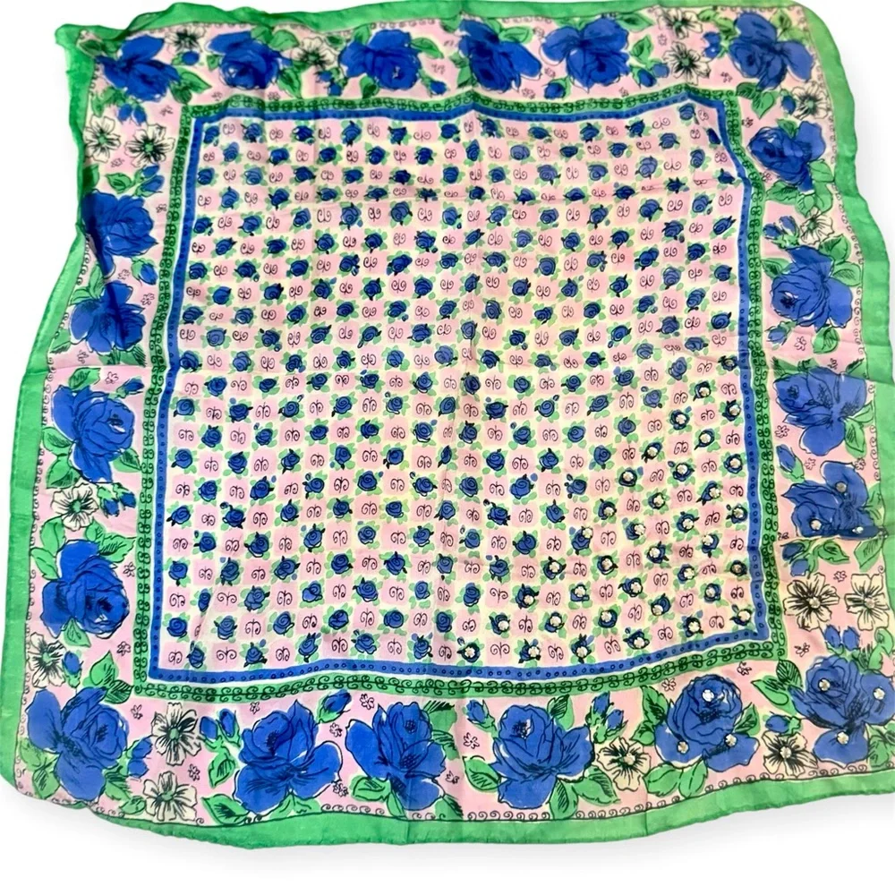 Vintage 1940’s/1950’s Hand Rolled Silk Floral Blue and Green Scarf w/Rhinestones